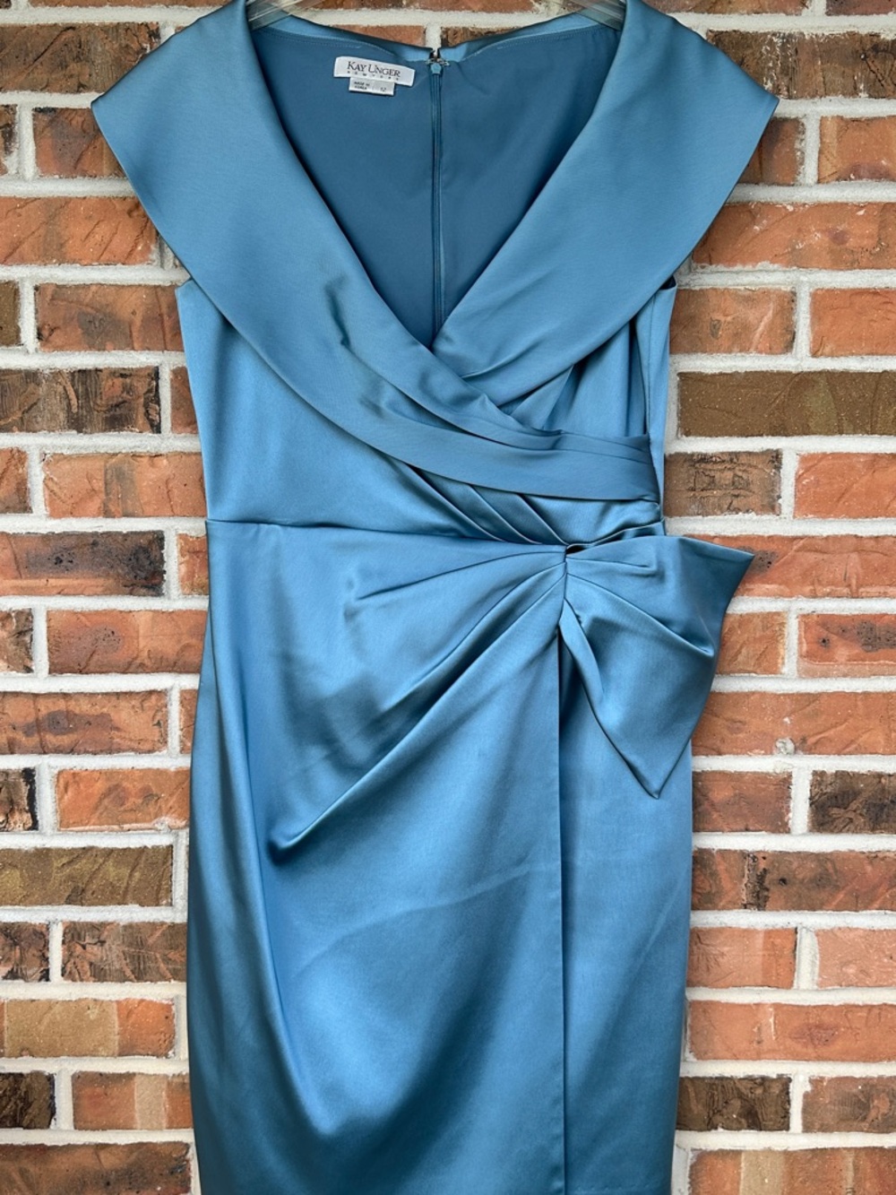 Kay Unger Blue Satin Sheath Dress with Draped Bow Detail